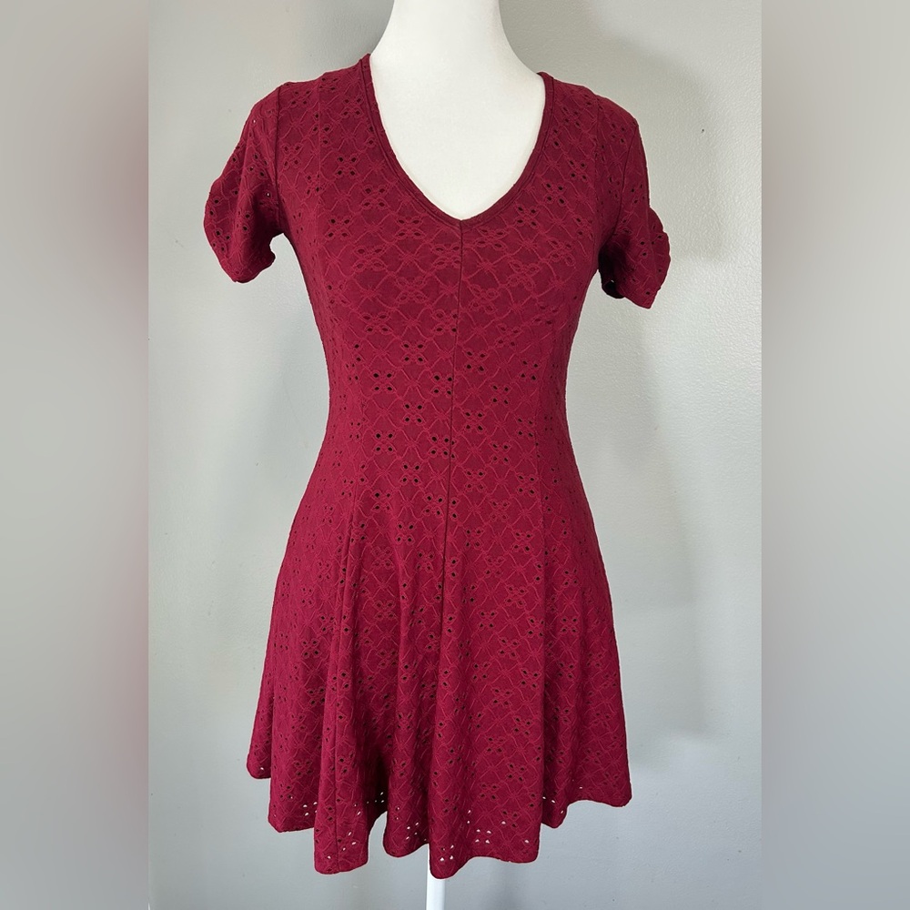 Women's Juniors Eyelet Lace Mini Dress V-Neck  - Burgandy 3/$30